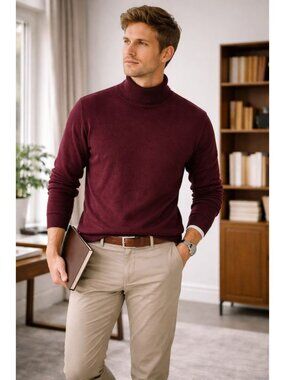 Anthology  Men’s Mock Neck Silk Sweater Burgundy Long Sleeve Pullover Preppy Aca